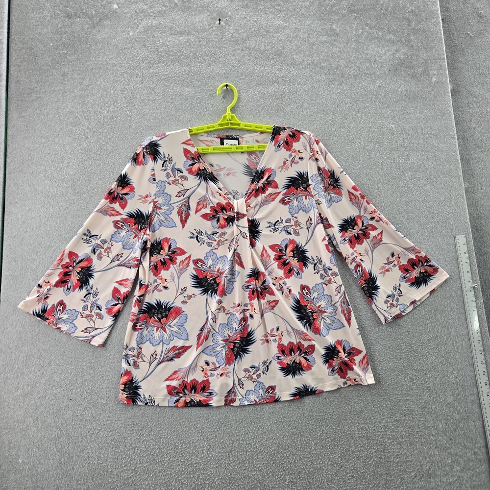 Liz Claiborne Women Blouse XXL Beige Floral V-Neck Pullover Career